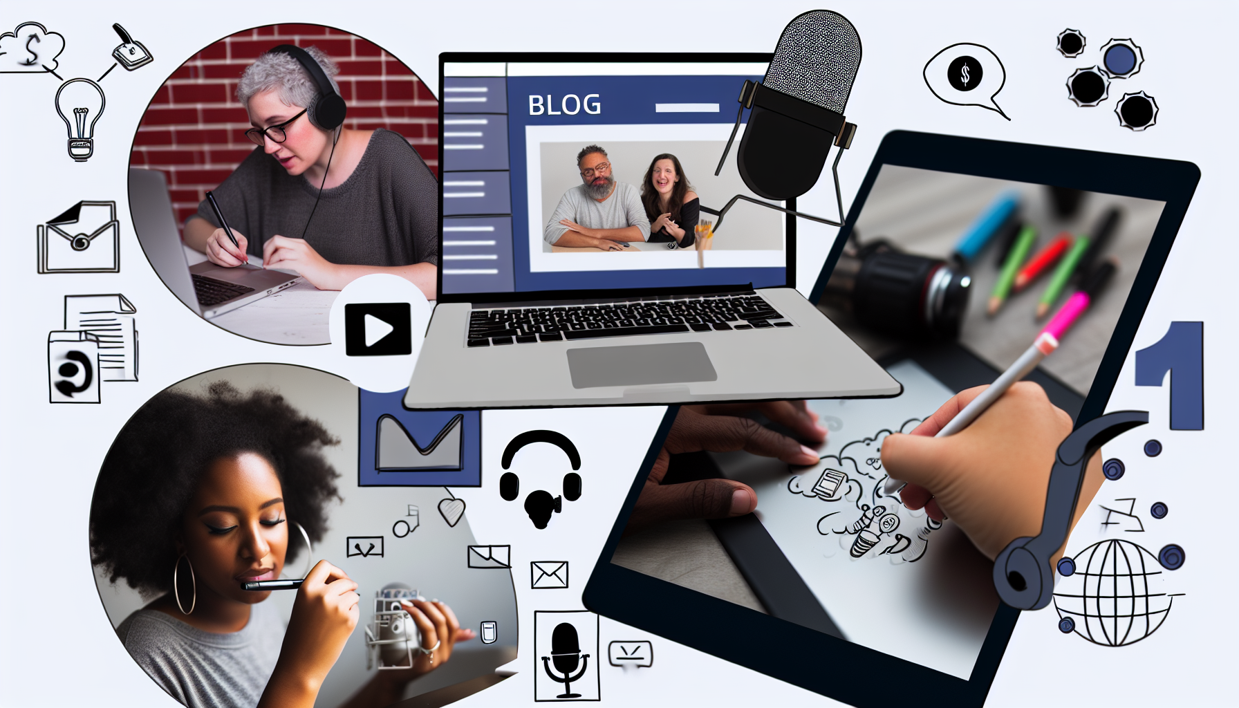 Ein Bild, das verschiedene Möglichkeiten zeigt, im Internet Geld zu verdienen. Es zeigt einen Laptop, der eine Blog-Website anzeigt, ein Mikrofon, das auf Podcasting hinweist, und ein Grafiktablett für die Erstellung digitaler Kunst. Eine Person europäischer Abstammung schreibt einen Blogbeitrag, während eine andere Person hispanischer Abstammung einen Podcast aufnimmt. Eine schwarze Frau gestaltet Grafiken auf dem Tablet. Im Hintergrund sind Symbole für Online-Marktplätze, Online-Nachhilfe und Social-Media-Management zu sehen.