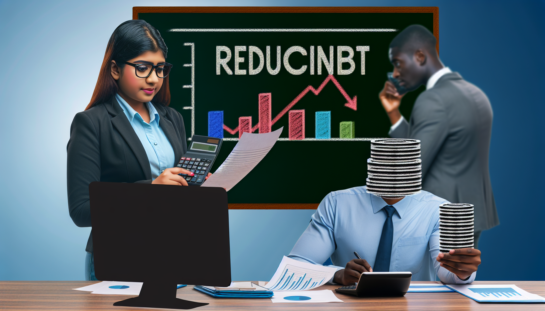 Illustration des Konzepts „Schuldenreduzierung“. Zu sehen sind zwei Personen: eine südasianische weibliche Buchhalterin, die einen Taschenrechner benutzt und auf Finanzdokumente schaut, und ein schwarzer männlicher Analyst, der Diagramme auf einem Computerbildschirm analysiert. Sie befinden sich in einem modernen Büro, im Hintergrund eine große Tafel mit darauf gezeichneten Grafiken, die die Reduzierung der Schulden im Laufe der Zeit symbolisieren. Die Szene ist sehr fokussiert und zeigt das intensive Engagement der beiden Fachleute in ihrem Bestreben, die Schulden zu verringern.