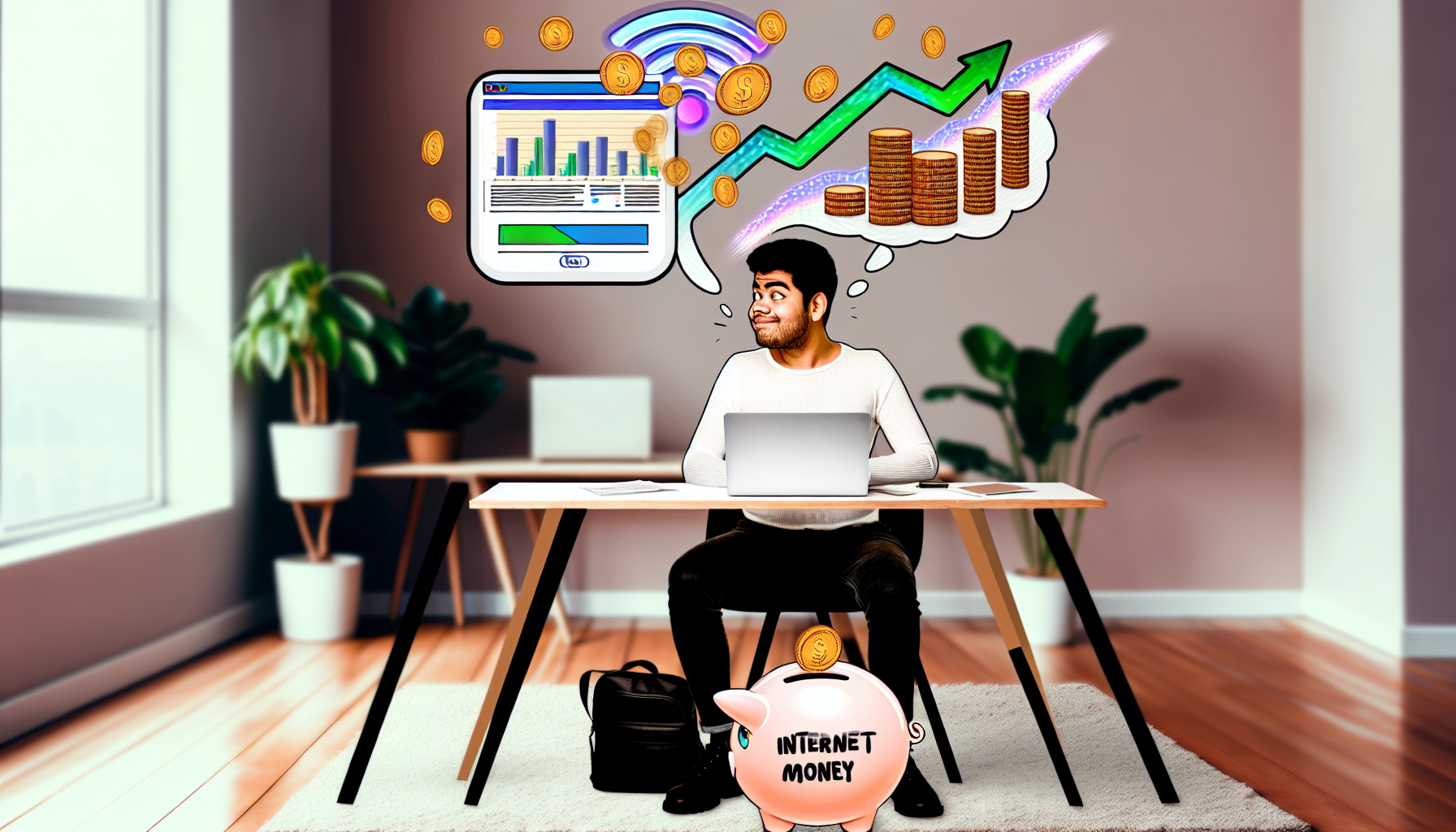 Eine Illustration, die das Konzept des Geldverdienens im Internet darstellt. Sie zeigt eine Person hispanischer Abstammung, die an einem modernen Schreibtisch sitzt, mit einem Laptop, der eine Website mit steigenden Gewinnkurven geöffnet hat. Der Raum ist gut beleuchtet, und Zimmerpflanzen verleihen einen Hauch von Grün. Das Gesicht der Person zeigt einen zufriedenen Ausdruck, während digitale Münzen von einer Wolke in Form eines Wi-Fi-Symbols herabregnen. In einer Ecke des Bildes steht ein Sparschwein mit der Aufschrift 'Internet Money', was einen Hauch von Humor und Realität hinzufügt.