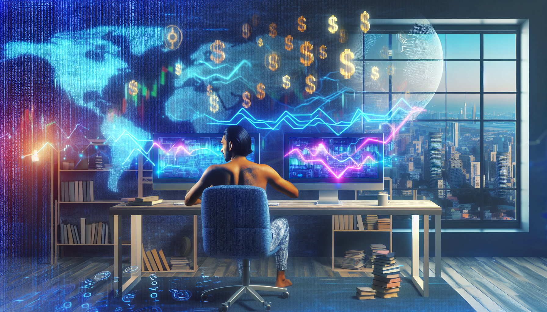 Eine fantasievolle Visualisierung des Geldverdienens im Internet. Die Szene zeigt eine Person südasiatischer Abstammung, die an einem modernen Arbeitsplatz mit zwei Bildschirmen sitzt, auf denen Grafiken und andere Daten angezeigt werden. Hinter ihm fließen Ströme von Binärcodes in verschiedene globale Währungen über. Der Raum ist mit Büchern, Kaffeetassen und anderen typischen Büromaterialien ausgestattet. Ein Fenster im Raum zeigt eine dynamische Stadtlandschaft, die auf die globale Natur der Internetarbeit hinweist.