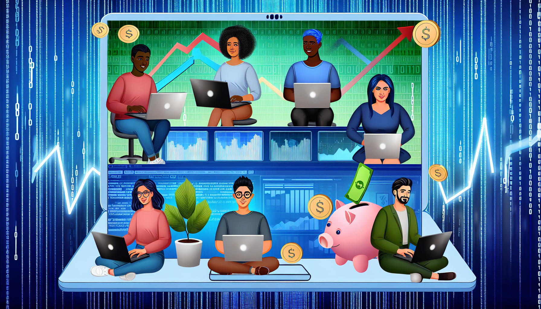 Ein Bild, das das Konzept des Geldverdienens im Internet zeigt. In der Mitte ist eine vielfältige Gruppe von Menschen, die von ihren Laptops aus arbeiten - eine schwarze Frau, ein hispanischer Mann, eine mittelöstliche Frau und ein südasiatischer Mann. Sie sind alle mit verschiedenen Online-Aktivitäten beschäftigt, wie Blogging, Aktienhandel, Programmierung und dem Unterrichten von Online-Kursen. Hinter ihnen befindet sich ein digitaler Bildschirm, der Diagramme und Grafiken anzeigt, die Wachstum und Gewinn symbolisieren. In einer Ecke fallen digitale Münzen in ein Sparschwein, was auf Online-Zahlungen hinweist. Der Hintergrund besteht aus Binärcode, der das digitale Reich repräsentiert.