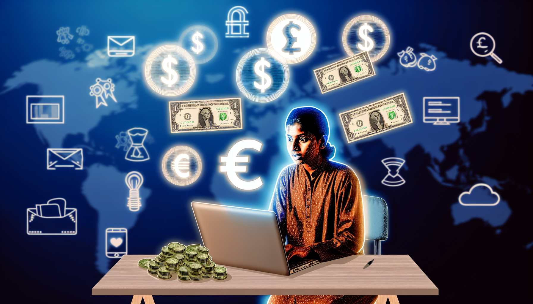 Eine illustrative Darstellung des Geldverdienens online. In der Mitte sitzt eine Person südasiatischer Abstammung an einem Schreibtisch mit einem geöffneten Laptop, aus dessen Bildschirm verschiedene Währungssymbole heraus schweben. Sie ist in ihre Arbeit vertieft, ihr Gesicht wird vom Licht des Computerbildschirms erhellt. Auf der einen Seite des Schreibtisches sind Geldstapel abgebildet, während auf der anderen Seite eine kleine Pflanze steht, die auf ein Homeoffice-Umfeld hinweist. Im Hintergrund sind grafische Symbole sichtbar, die verschiedene Online-Geschäfte wie einen Online-Shop, einen Blog und Social Media Marketing symbolisieren.