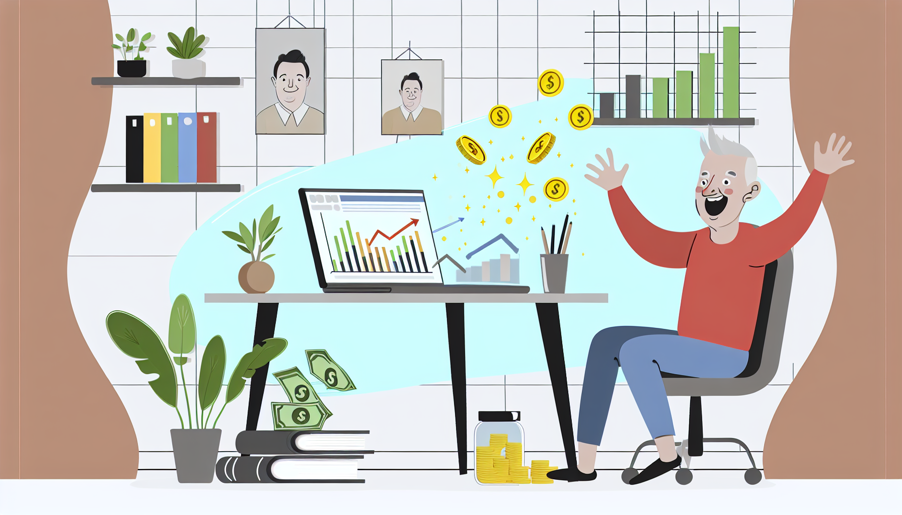 Eine Illustration, die die Idee des Geldverdienens online darstellt. Die Szene zeigt ein minimalistisches Homeoffice-Setup mit einem modernen Laptop, der verschiedene Finanzdiagramme anzeigt. In der Nähe sitzt ein fröhlicher, mittelalterlicher kaukasischer Mann am Schreibtisch und schaut begeistert auf den Bildschirm. Außerdem erscheinen einige Münzen und Scheine magisch aus dem Laptop und fallen in ein Glas, was die Online-Einnahmen symbolisiert. Der Raum ist mit Elementen gefüllt, die Wachstum und Erfolg symbolisieren, wie einer gedeihenden Zimmerpflanze und Stapeln von Büchern über Online-Geschäfte.