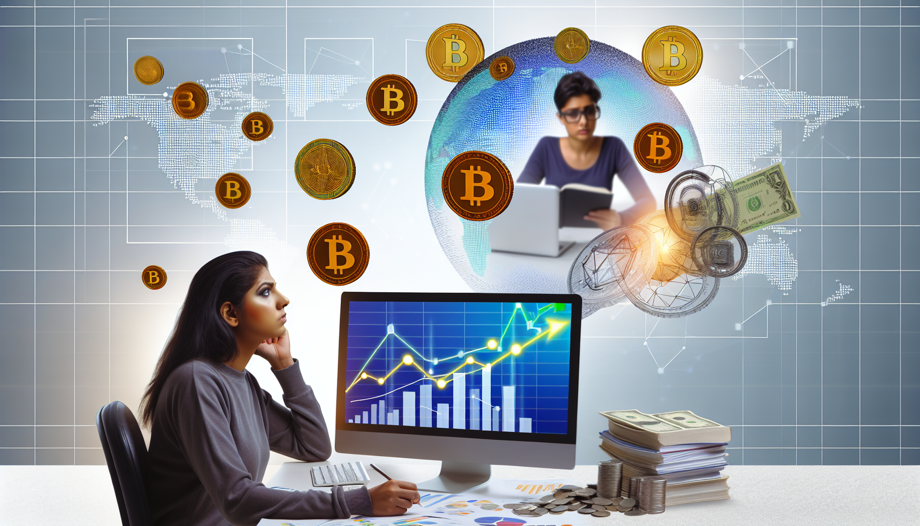 Eine konzeptionelle Darstellung des Geldverdienens im Internet. Zeigen Sie eine Verschmelzung von Computern, Internetbrowsern, digitalen Währungen, Diagrammen von Gewinnen und Umsatzsteigerungen. In dieser Szene ist eine fokussierte Person südasiatischer Abstammung aktiv im digitalen Handel engagiert, während eine andere Person, eine kaukasische Frau, im Hintergrund aus einem Buch über Online-Marketing-Strategien lernt. Integrieren Sie auch Bilder von Online-Geschäften, E-Commerce und Symbolen der Gig-Economy.