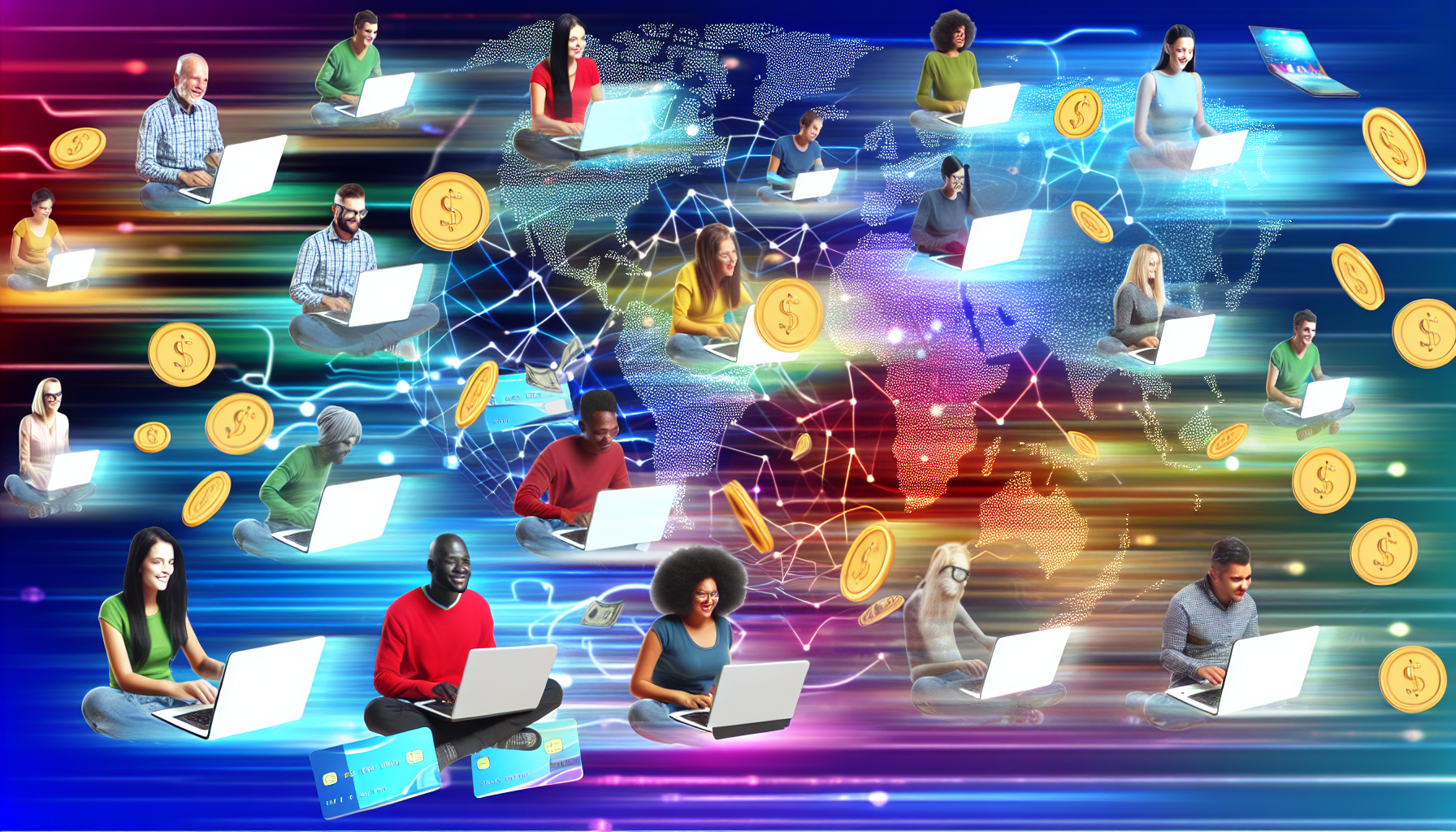 Stellen Sie eine lebendige und dynamische digitale Szene dar, die das Geldverdienen im Internet repräsentiert. Zeigen Sie eine vielfältige Gruppe von Menschen unterschiedlicher Abstammung, darunter Kaukasier, Hispanics, Schwarze, Menschen aus dem Nahen Osten, Südasianer und Weiße, die alle aktiv mit ihren Laptops beschäftigt sind. Lassen Sie die Bildschirme ihrer Geräte in lebhaften Farben schimmern, die den Fluss digitaler Daten symbolisieren. Münzsymbole könnten umherfliegen, um finanzielle Transaktionen zu kennzeichnen. Datenströme könnten von ihren Laptops zu einem abstrakten Symbol eines globalen Netzwerks oder einer Cloud fließen, um die globale Reichweite des Internets anzuzeigen. Streuen Sie einige Kreditkarten, Online-Transaktionsbelege oder Rechnungen umher, um das Thema des Online-Verdienens weiter zu betonen.