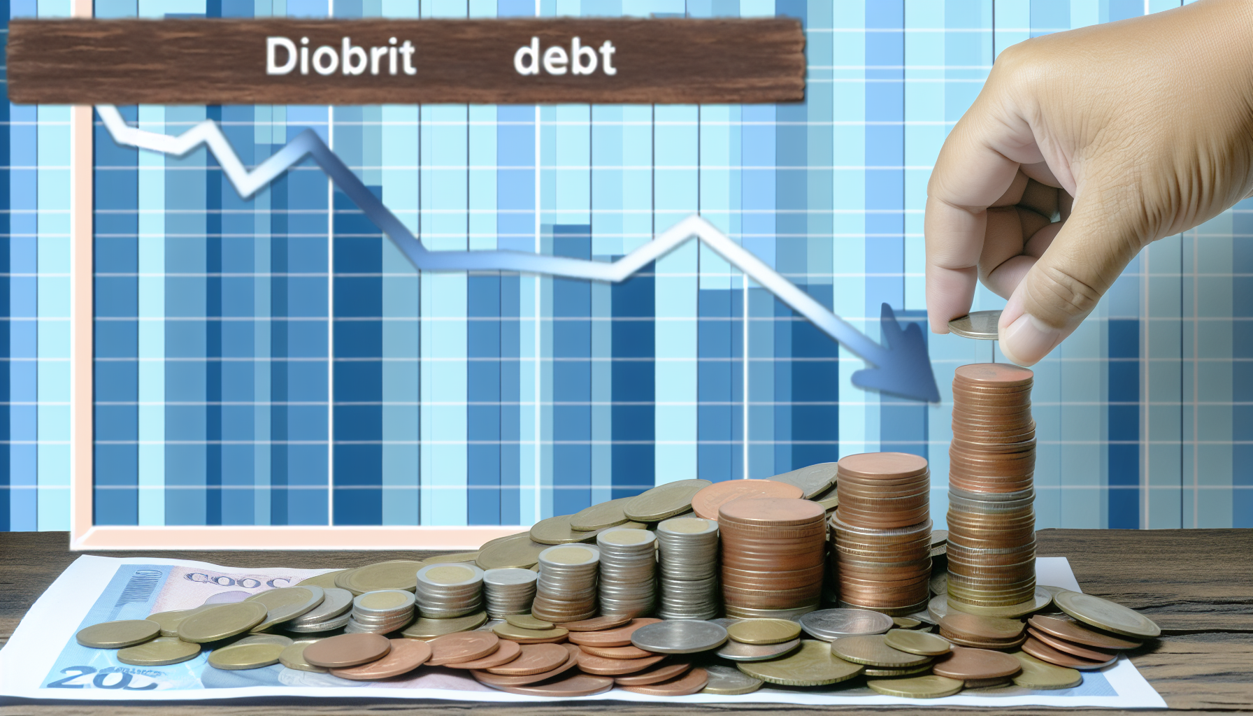 Ein Bild, das das Konzept der Schuldenreduzierung darstellt, zeigt einen großen Haufen Münzen und Banknoten, der langsam verringert wird, mit einem Diagramm im Hintergrund, das einen rückläufigen Trend der Schuldenlevels zeigt.