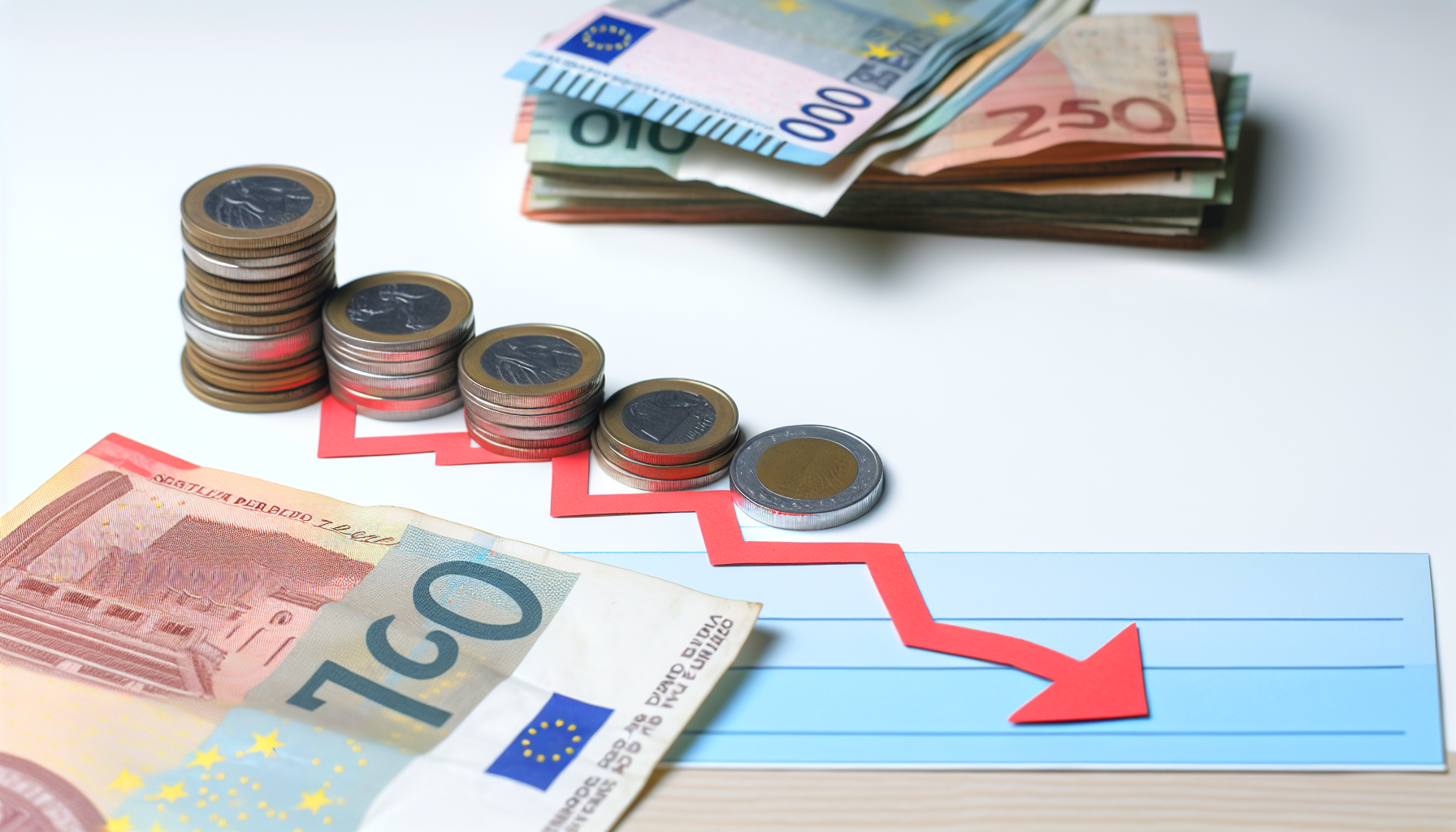Visuelle Darstellung der Schuldenreduzierung, möglicherweise mit einem Haufen Banknoten und Münzen, der in der Größe abnimmt, oder einem nach unten geneigten Liniendiagramm, das den Rückgang der finanziellen Verpflichtung anzeigt.