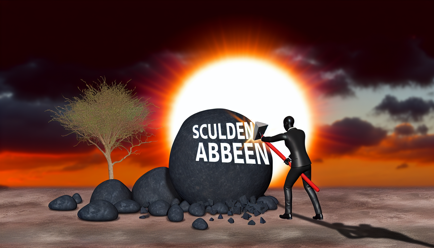 Eine Illustration, die das Konzept der Schuldenreduzierung zeigt, mit dem Satz 'Schulden abbauen' auf Deutsch. Die Szene zeigt eine Person in einem Anzug, afroamerikanischer Abstammung, die an einem großen Felsen arbeitet, der mit 'Schulden' beschriftet ist. Im Hintergrund ist ein Sonnenuntergang zu sehen, der ein orangefarbenes Licht ausstrahlt, während der Boden mit kleineren Steinen bedeckt ist, die die beglichenen Schulden darstellen.
