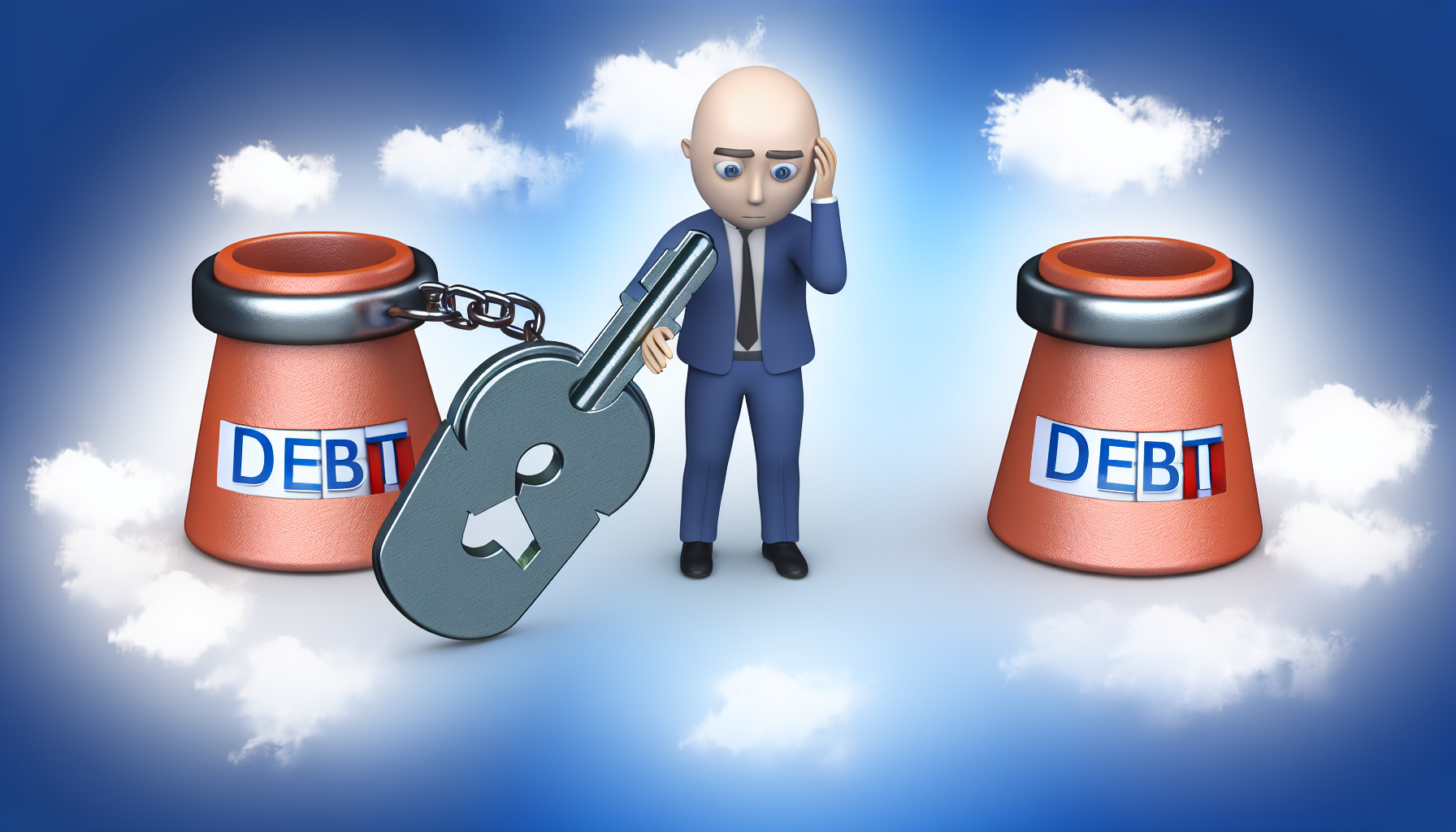 Eine konzeptionelle Illustration der Schuldenreduzierung, bei der metaphorische schwere Fesseln mit der Aufschrift 'Schulden' mit einem Schlüssel, der 'Finanzmanagement' beschriftet ist, aufgeschlossen und zerbrochen werden. Auf dem Gesicht der Person, die zuvor von den Schulden belastet war, ist ein sichtbares Gefühl der Erleichterung zu erkennen.